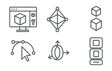 Line style icons of digital creativity: 3D modeling workspace icon, geometric mesh symbol, wireframe cube badge, extrusion tool icon, surface smoothing tool, vertex editing pointer, 3D object