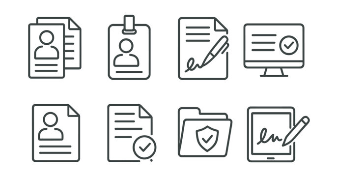Line style icons of employee onboarding: HR documents icon, ID card issuance badge, contract signing symbol, digital form submission, personal data sheet, policy acknowledgment icon, compliance