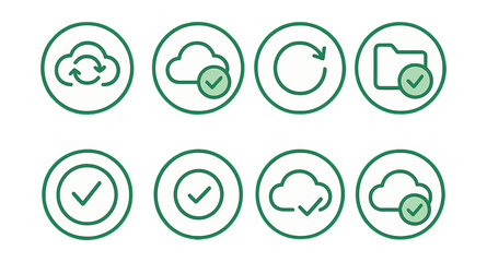 Line style icons of cloud sync: sync confirmation icon, updated success badge, green check in sync circle, all files up-to-date icon, no pending updates ring, latest version confirmed, cloud tick