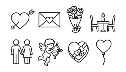 Line style icons of Valentine’s Day: heart with arrow, love letter, roses bouquet, romantic dinner, couple holding hands, cupid icon, chocolate box, heart balloon.