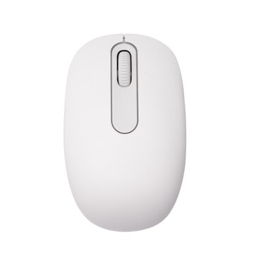 Top view of a white wireless mouse isolated on a clipped PNG transparent background