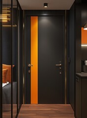 Modern apartment entryway with a black door accented by a vibrant orange stripe, brass hardware, and dark wood flooring.  A glimpse of a bedroom with orange accents is visible