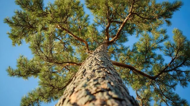A single tall pine tree stands against a bright blue sky
