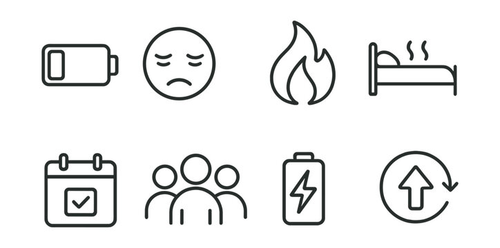 Line style icons of burnout and recovery: battery drain, emotional fatigue, burnout flame icon, rest needed sign, time-off calendar, support system icon, energy rebuild, recovery tracker.