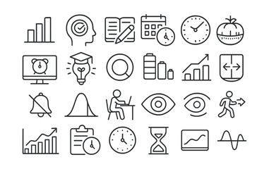 Line style icons of remote productivity and time use: productivity bar, focus time icon, study session, time blocking, pomodoro timer, screen time icon, active learning, session ring, energy level,