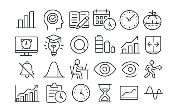 Line style icons of remote productivity and time use: productivity bar, focus time icon, study session, time blocking, pomodoro timer, screen time icon, active learning, session ring, energy level,