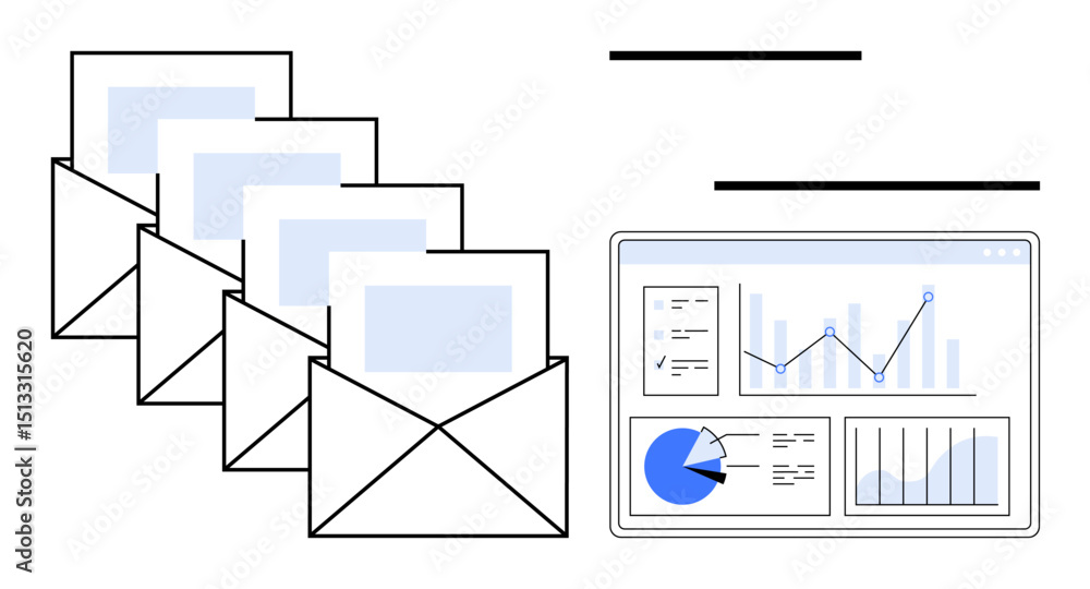 Poster envelopes with messages and a data analytics dashboard featuring graphs, charts, and statistics. ide