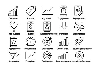 Line style icons of growth and KPIs in mobile development: growth chart, traction tag, install curve, user retention, funnel stats, revenue icon, engagement score, growth milestone, app success,