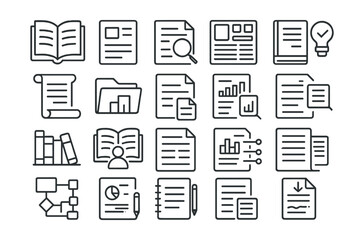 Line style icons of reading and research: open book icon, article card, research note, knowledge base, reading tracker, scroll document, report file, document review, industry study, idea reference,