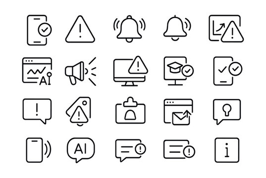 Line style icons of notifications and AI alerts: smart notification, alert condition icon, prediction ping, data change alert, AI inference update, trigger signal, anomaly found alert, AI action