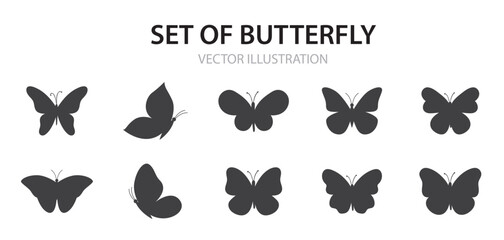 Set of black butterflies isolated on white background, collection of silhouettes. Butterfly black color, flying shape, vector design. flying butterfly silhouette logo. vector illustration