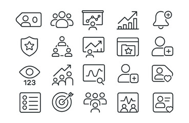 Line style icons of social followers and audience building: follower count tag, community icon, audience insights chart, follower growth graph, new follower ping, fan badge, influencer audience icon,