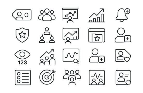 Line style icons of social followers and audience building: follower count tag, community icon, audience insights chart, follower growth graph, new follower ping, fan badge, influencer audience icon,