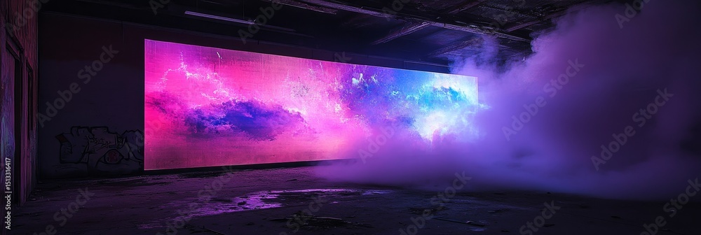 Poster room with a colorful screen and smoke effect creating an immersive experience.
