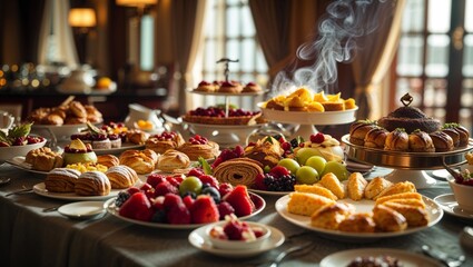 A beautifully arranged buffet table showcasing a variety of pastries and fresh seasonal fruits.
