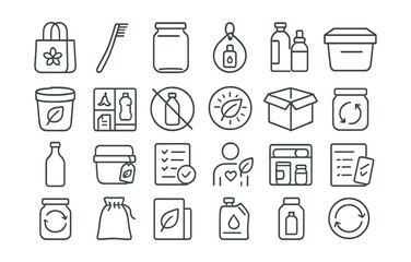 Line style icons of sustainable consumption and zero waste: reusable bag icon, bamboo toothbrush, zero waste jar, refill station tag, bulk shopping tile, compost bin icon, waste separation chart, no