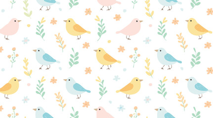 Fototapeta premium Bird flower pattern. Seamless floral vector spring background. Crayon wallpaper garden design. Abstract bird animal plant leaf flower print. Simple pastel illustration. children, chalk, doodle,