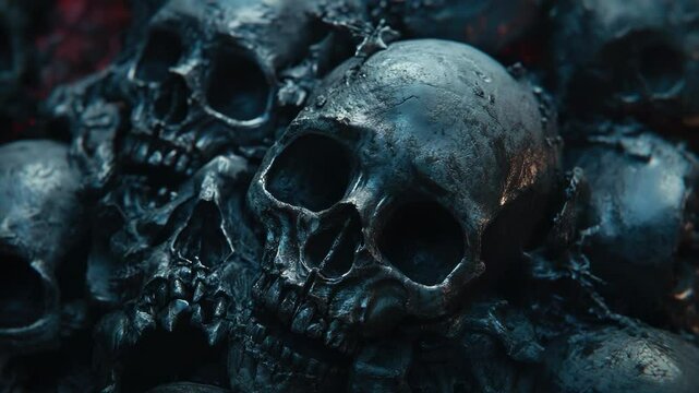 A pile of skulls stacked on top of each other, a macabre and eerie scene