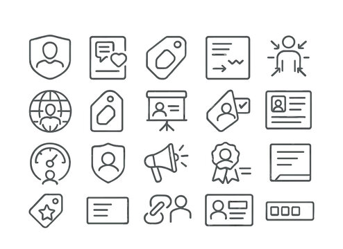 Line style icons of personal branding and reputation: personal brand badge, tone + values tile, visual identity tag, tagline sketch card, niche positioning icon, online presence badge, elevator pitch