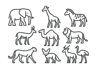 Line style icons of animals impacted by drought and desertification: African elephant, giraffe, zebra, springbok, camel, lion, cheetah, fennec fox, kudu, ostrich.