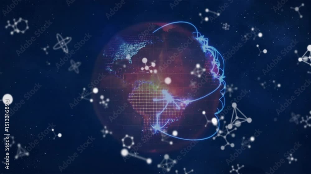 Poster on scene load red globe appearing while blue arcs growing nodes pulsing showing network clustering
