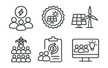 Line style icons of sustainable energy: energy community icon, shared solar badge, co-owned turbine panel, community grid symbol, group investment tracker, citizen energy initiative screen.
