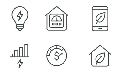 Line style icons of smart home technology: energy usage icon, smart meter panel, consumption graph badge, power-saving recommendation screen, usage comparison chart, cost estimate tracker, eco-mode