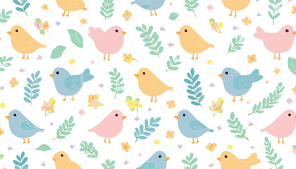 Bird flower pattern. Seamless floral vector spring background. Crayon wallpaper garden design. Abstract bird animal plant leaf flower print. Simple pastel illustration. children, chalk, doodle,