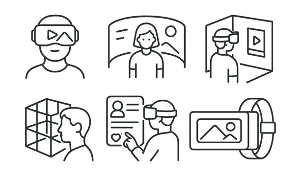 Line style icons of social media: VR content icon, immersive post view, story in virtual room, profile with 3D layout, interactive feed in VR, virtual reaction board, wearable display panel.