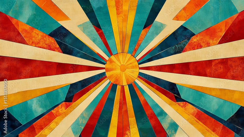 Poster abstract sunburst design with colorful rays emanating from a central point.