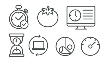 Line style icons of remote work: productivity timer icon, Pomodoro badge, session tracker screen, focus cycle chart, break countdown clock, work session loop, efficiency score meter.