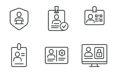 Line style icons of remote work: remote work badge icon, verified remote worker symbol, work pass QR code, digital ID tag, role-based profile card, authorized access screen, team credentials board.