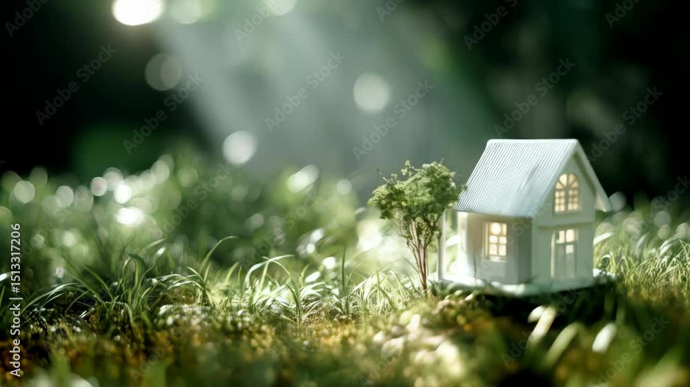 Poster miniature house with a tree in tall green grass illuminated by sunbeams in a serene environment with