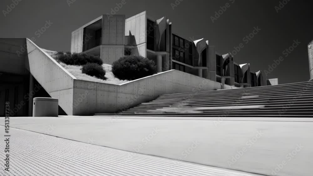 Poster monochromatic image showing an abstract geometric building with stark contrasts, tiered steps, angul
