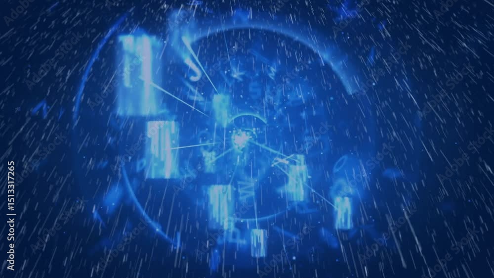 Poster animation opening on blue drifting rain merging characters toward node visualizing data network