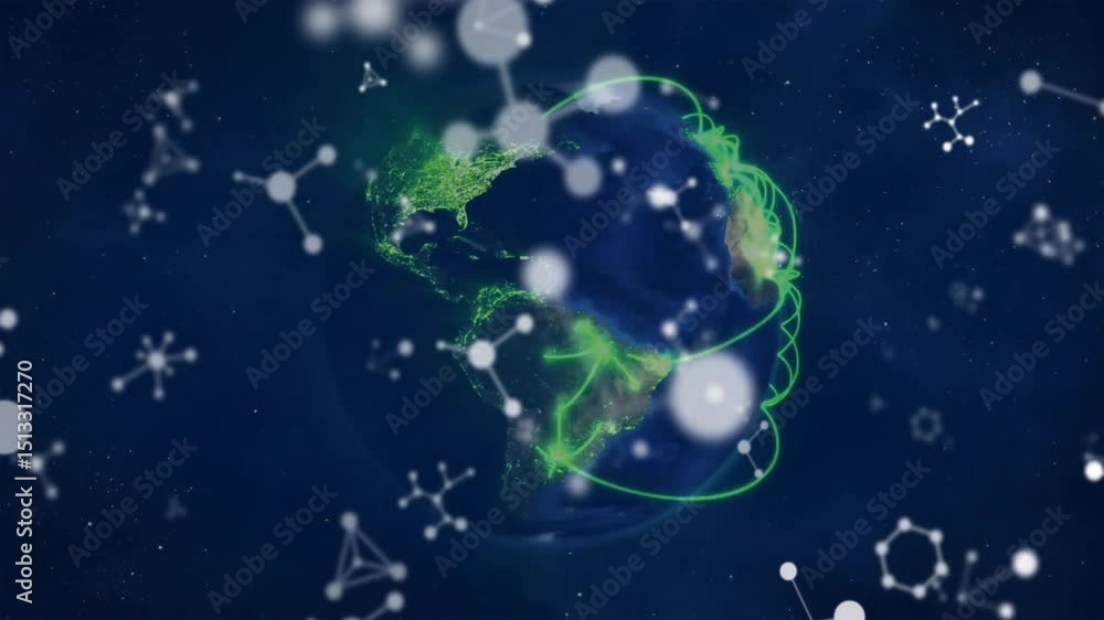 Poster on start, globe rotating nodes drifting and green network arcs pulsating, illustrating connectivity