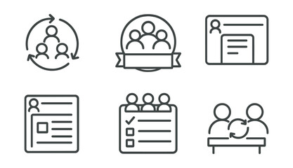 Line style icons of education and learning platforms: collaboration icon, group project badge, shared notes panel, peer edit layout, group task tracker, team submission card, classmate sync screen.