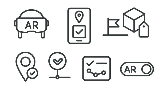 Line style icons of project management: augmented reality interface icon, AR task pin screen, in-field milestone overlay, real-world object tag, hands-free status badge, spatial task sync card, AR
