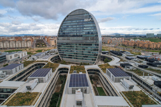 Bbva headquarters building in madrid embracing sustainable architecture with solar panels
