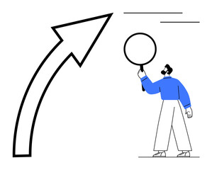 Man with a magnifying glass examining details beside a bold upward arrow. Ideal for growth, progress, exploration, analysis, improvement, career development, simple landing page