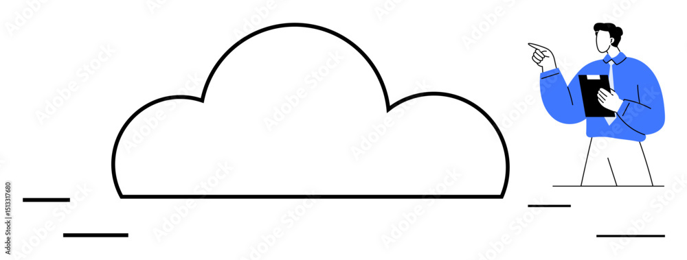 Poster man holding clipboard pointing toward large cloud. ideal for data storage, cloud computing, innovati