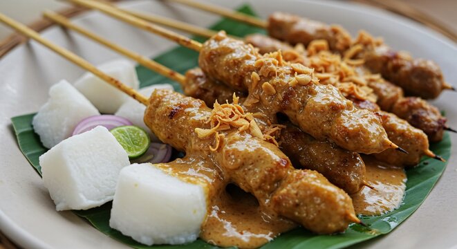 Delicious Indonesian Satay Grilled Meat Skewers with Peanut Sauce and Ketupat