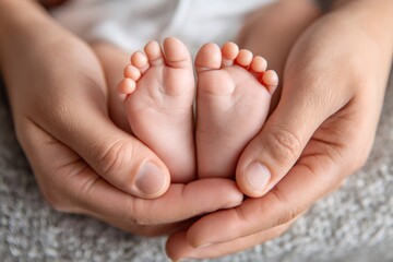 Parent holding newborn baby feet in hands, tender family moment