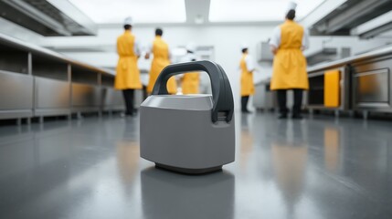 Modern industrial kitchen with workers in yellow uniforms and a gray portable device in the foreground