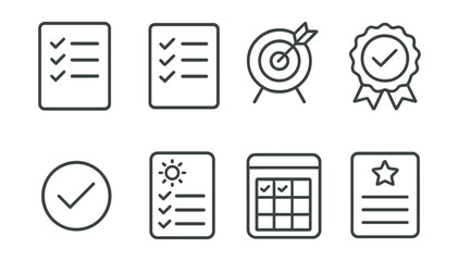 Line style icons of goals and achievements: checklist icon, marked tasks list, goal progress tracker, completed item badge, success tick symbol, daily goal sheet, habit tracker card, achievement log.