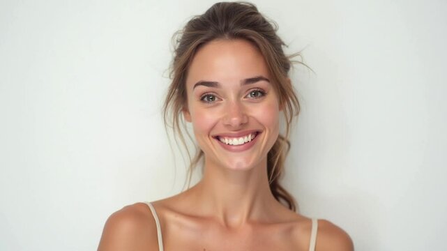 Cheerful Young Woman Smiling Radiantly Against a White Background [with copy space]