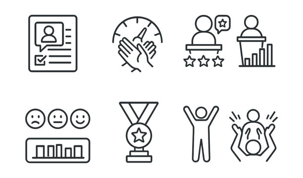 Line style icons of public speaking: speech feedback form, applause meter, talk rating icon, live poll during talk, digital audience vote, feedback emoji row, top speaker award icon, standing ovation