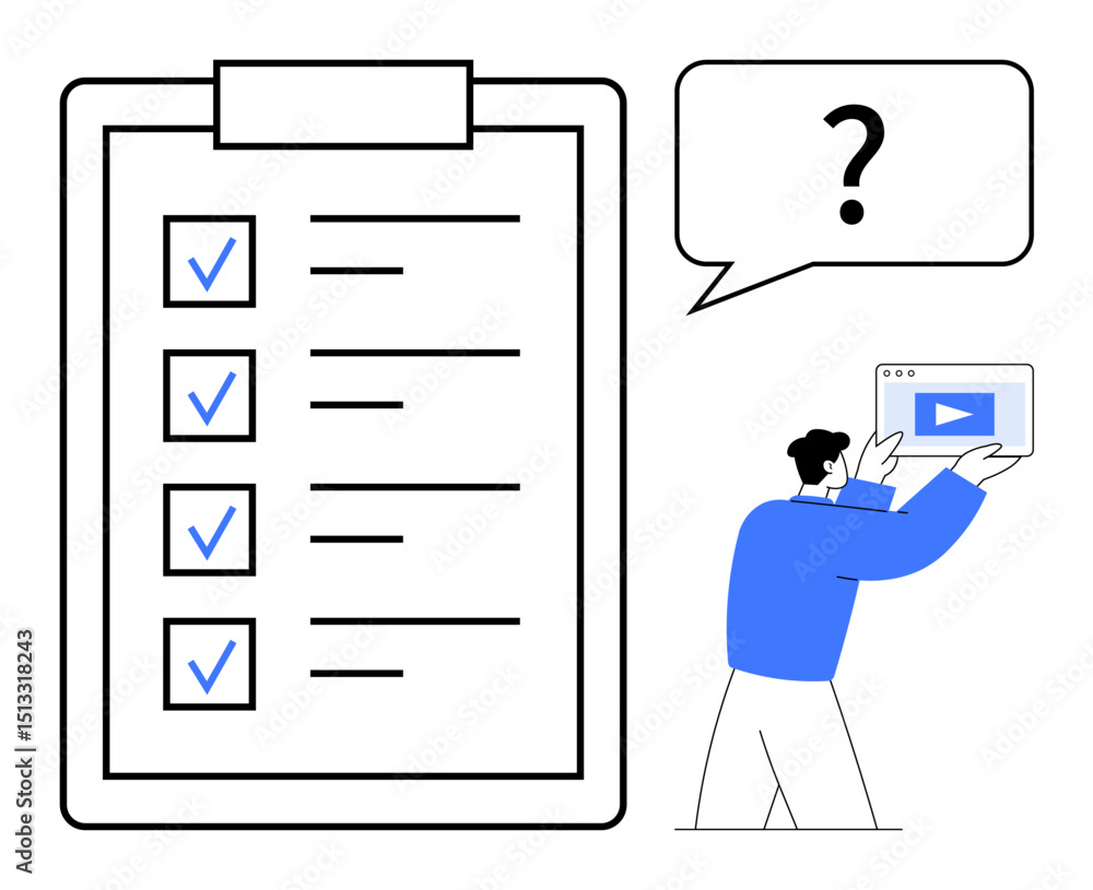 Poster large task checklist with checkmarks, man holding tablet showing play icon, and question mark speech