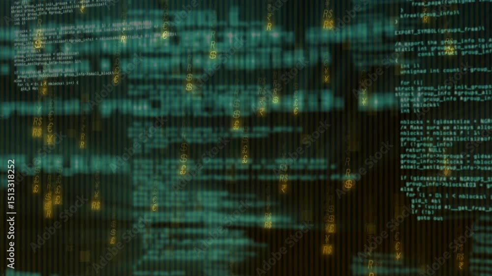 Poster on playback starting green code stream scrolling while amber glyphs drifting to visualize data flow