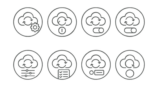 Line style icons of cloud sync: sync settings icon, sync frequency control, hourly sync badge, manual vs auto toggle, cloud sync preferences, rules icon in sync, interval setting symbol, custom flow